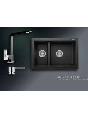 Real Stone Black Pearl 70x46 cm Çift Gözlü Granit Evye ve L Kuğu Batarya Seti