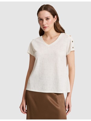 Pierre Cardin Kadın Ekru Comfort Fit V Yaka Tişört 50323604-VR019
