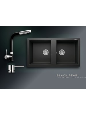 Real Stone Black Pearl 97x52 cm Çift Gözlü Granit Evye ve Spiralli Batarya Seti