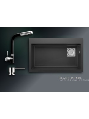 Real Stone Black Pearl 75,5x47 cm Tek Gözlü Granit Evye ve Spiralli Batarya Seti