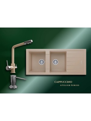 Real Stone Cappuccino Atelier 116x50 cm Çift Gözlü Damlalıklı Granit Evye ve Arıtma Çıkışlı Batarya Seti