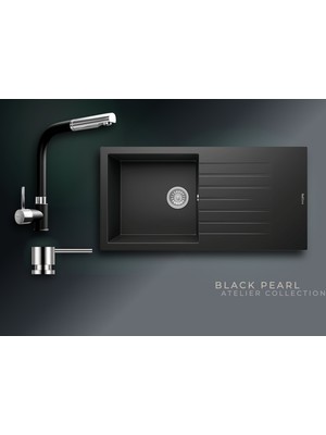 Real Stone Black Pearl 100x50 cm Kanallı Damlalıklı Tek Gözlü Granit Evye ve Spiralli Batarya Seti