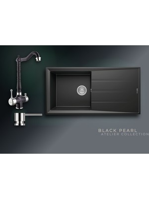 Real Stone Black Pearl 100x50 cm Geniş Hazneli Damlalıklı Granit Evye ve Arıtma Çıkışlı Rustik Batarya Seti