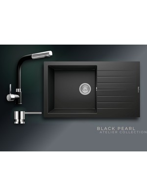 Real Stone Black Pearl 86x50 cm Damlalıklı Tek Gözlü Granit Evye ve Spiralli Batarya Seti