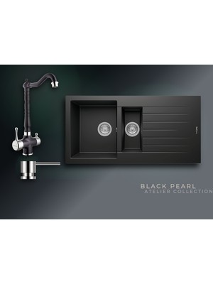 Real Stone Black Pearl 100x50 cm 1,5 Gözlü Damlalıklı Granit Evye ve Arıtma Çıkışlı Rustik Batarya Seti