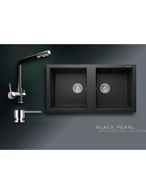 Real Stone Black Pearl 97x52 cm Çift Gözlü Granit Evye ve Arıtma Çıkışlı Batarya Seti