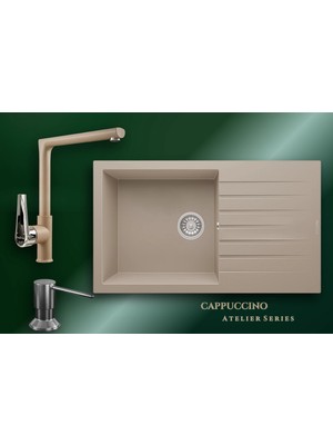 Real Stone Cappuccino Atelier 86x50 cm Damlalıklı Tek Gözlü Granit Evye ve Tek Gövdeli Batarya Seti