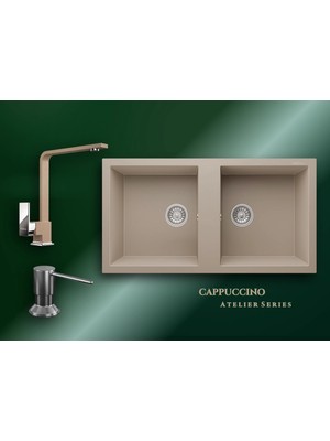Real Stone Cappuccino Atelier 97x52 cm Çift Gözlü Granit Evye ve L Kuğu Batarya Seti