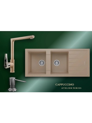 Real Stone Cappuccino Atelier 116x50 cm Çift Gözlü Damlalıklı Granit Evye ve Tek Gövdeli Batarya Seti