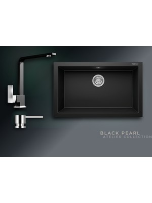 Real Stone Black Pearl 77x47,5 cm Tek Gözlü Granit Evye ve L Kuğu Batarya Seti