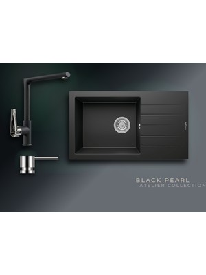 Real Stone Black Pearl 76x43,5 cm Damlalıklı Tek Gözlü Granit Evye ve Tek Gövdeli Batarya Seti