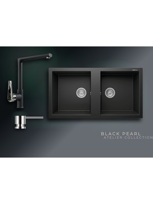 Real Stone Black Pearl 97x52 cm Çift Gözlü Granit Evye ve Tek Gövdeli Batarya Seti