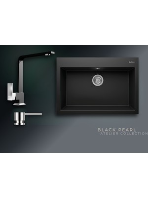 Real Stone Black Pearl 77x53 cm Tek Gözlü Granit Evye ve L Kuğu Batarya Seti