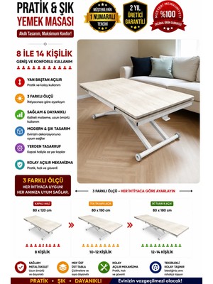 Yan Baştan Açılır Akıllı Yemek Masası Mdf Tabla Traverten Alt Mekanizma Metal