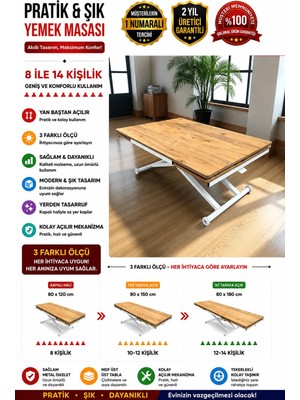 Yan Baştan Açılır Akıllı Yemek Masası Mdf Tabla Alt Mekanizma Metal Beyaz Renk