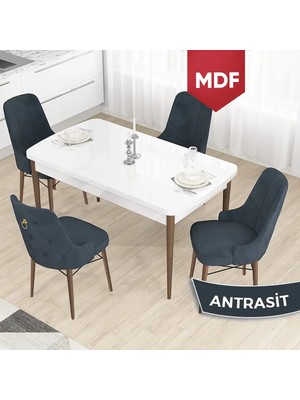 Canisa Concept Taç Serisi MDF 80X132  Beyaz Masa Ceviz Ayak Mutfak Masası Takımı, 4 Sandalye Gold Halkalı