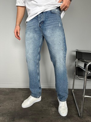 KağanKY Koyu Lacivert Yıkamalı Yırtıklı Mavi Baggy Jean
