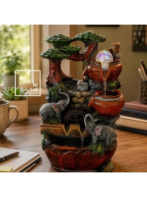 İki Yedi Konsept Santiago Dekoratif Masaüstü Şelale Ledli Cam Küreli 37 cm Polyester Iç Mekan Süs Havuzu Su Çeşmesi