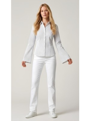 Bellea Collection Ispanyol Kol Belde Oturan Vücudu Saran Slim Fit Kadın Gömlek Beyaz Siyah
