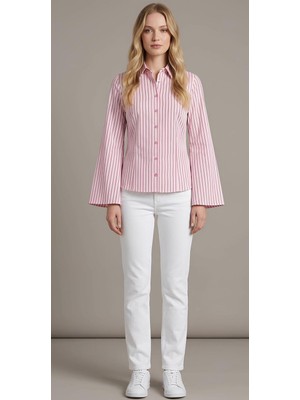 Bellea Collection Ispanyol Kol Belde Oturan Vücudu Saran Slim Fit Kadın Gömlek Pembe