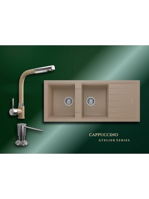 Real Stone Cappuccino Atelier 116x50 cm Çift Gözlü Damlalıklı Granit Evye ve Spiralli Batarya Seti