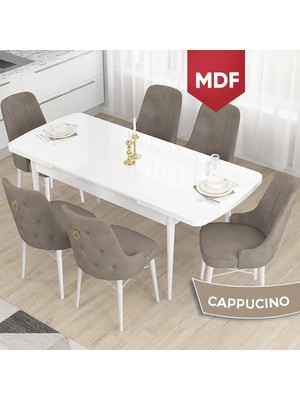 Canisa Concept Taç Serisi, MDF Açılabilir 80X132  Beyaz Yemek Odası Takımı , 6 Sandalye Gold Halkalı