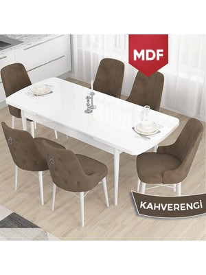Canisa Concept Taç Serisi MDF 80 x 132 cm Açılabilir Beyaz Mutfak Masa Takımı 6 Sandalye Gümüş Halkalı