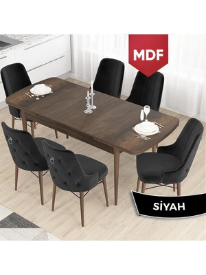 Canisa Concept Taç Serisi MDF 80 x 132 cm Barok Ahşap Desen Mutfak Masası Takımı 6 Sandalye Gümüş Halkalı