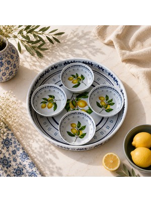 Sarkap Home 26 cm Lemon Design Beyaz Meyve Tabağı ve 4'lü Çerezlik Seti