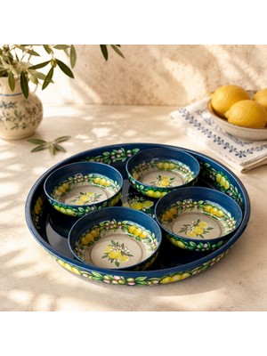 Sarkap Home 26 cm Lemon Design Lacivert Meyve Tabağı ve 4'lü Çerezlik Seti