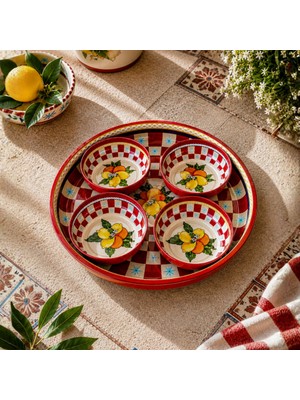 Sarkap Home 26 cm Lemon Design Kırmızı Meyve Tabağı ve 4'lü Çerezlik Seti