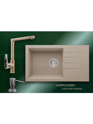 Real Stone Cappuccino Atelier 76x43,5 cm Damlalıklı Tek Gözlü Granit Evye ve Tek Gövdeli Batarya Seti