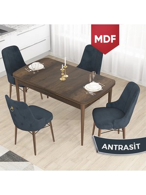 Canisa Concept Taç Serisi MDF 80X132 Açılabilir Barok Ahşap Desen Masa Takımı, 4 Sandalye Gold Halkalı