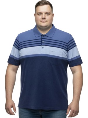 Battal Moda Battalmoda Erkek Büyük Beden Melanj Indigo Polo Yaka Kısa Kollu Çizgili Tişört 3xl-4xl-5xl-6xl