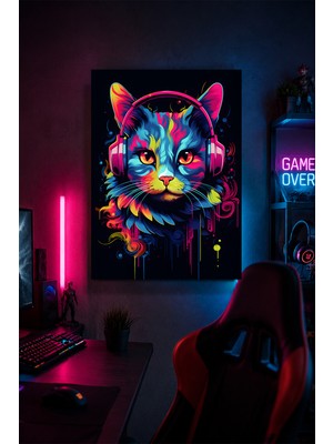 Lucena Kulaklıklı Kedi Metal Duvar Tablosu Neon Gamer Oda Dekoru 15X20 cm A5 Boyutunda