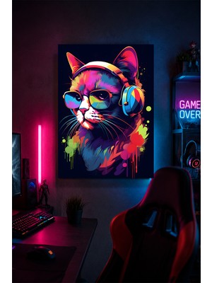 Lucena Gaming Kedi Metal Duvar Tablosu Kulaklıklı Güneş Gözlüklü Gamer Oda Dekoru 15X20 cm A5 Boyutunda