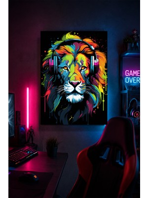 Lucena Gaming Aslan Metal Duvar Tablosu Kulaklıklı Gamer Oda Dekoru Renkli Tasarım 15X20 cm A5 Boyutunda