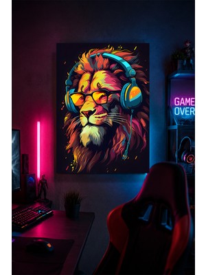 Lucena Gaming Aslan Metal Duvar Tablosu Kulaklıklı Gözlüklü Gamer Oda Dekoru 15X20 cm A5 Boyutunda