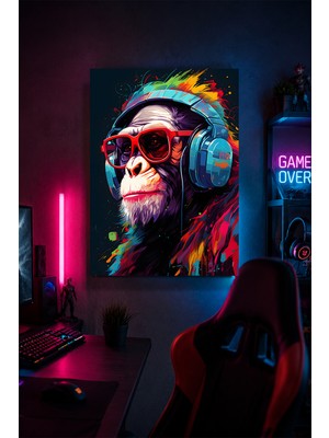 Lucena Gaming Şempanze Metal Duvar Tablosu Kulaklıklı Gamer Oda Dekoru Pop Art 15X20 cm A5 Boyutunda