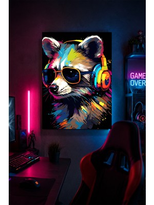 Lucena Kulaklıklı Rakun Metal Duvar Tablosu Renkli Gamer Oyun Odası Dekoru 15X20 cm A5 Boyutunda