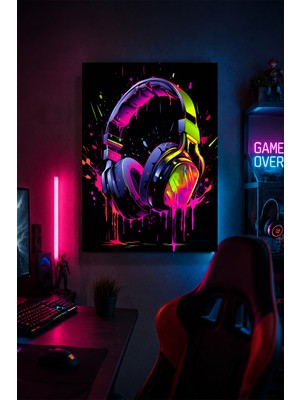 Lucena Neon Gaming Kulaklık Metal Duvar Tablosu Oyuncu Odası Dekorasyonu 15X20 cm A5 Boyutunda