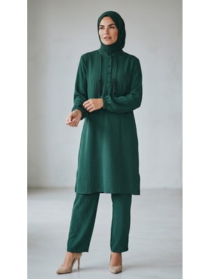 Ece Giyim Kadın Önden Yarım Düğmeli Kolları Lastikli  Pantolon Beli Lastikli Ayrobin Takım