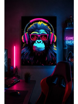 Lucena Kulaklıklı Goril Metal Duvar Tablosu Neon Gamer Oda Dekoru 15X20 cm A5 Boyutunda