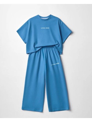 Kız Çocuk Pamuklu Mavi Crop T-Shirt ve Pantolonlu Takım