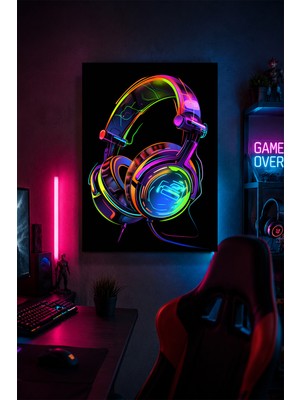 Lucena Neon Gaming Kulaklık Metal Duvar Tablosu Gamer Oda Dekoru Modern Tasarım 15X20 cm A5 Boyutunda