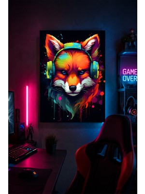 Lucena Gaming Kulaklıklı Tilki Metal Duvar Tablosu Gamer Oda Dekoru Renkli Tasarım 15X20 cm A5 Boyutunda