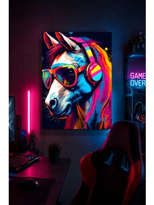 Lucena Kulaklıklı At Metal Duvar Tablosu Renkli Gamer Oyun Odası Dekoru 15X20 cm A5 Boyutunda