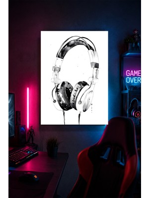 Lucena Minimal Oyuncu Kulaklığı Metal Duvar Tablosu Gamer Oda Dekoru Siyah Beyaz 15X20 cm A5 Boyutunda