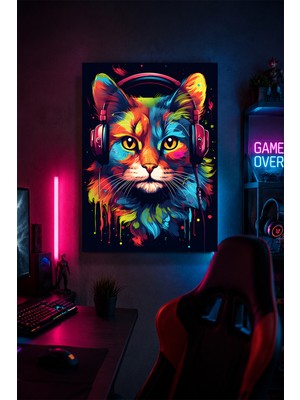Lucena Gaming Kulaklıklı Kedi Metal Duvar Tablosu Gamer Oda Dekoru Renkli Tasarım 15X20 cm A5 Boyutunda