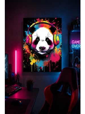 Lucena Gaming Panda Metal Duvar Tablosu Kulaklıklı Gamer Oda Dekoru Renkli Tasarım 15X20 cm A5 Boyutunda